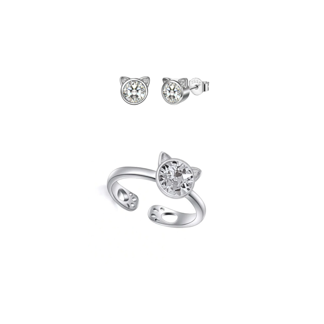 GIFT SET: Sterling Silver Crystal Cat Earrings &amp; Matching Ring