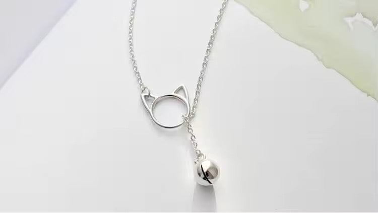 Sterling Silver Lariat Cat Bell Necklace