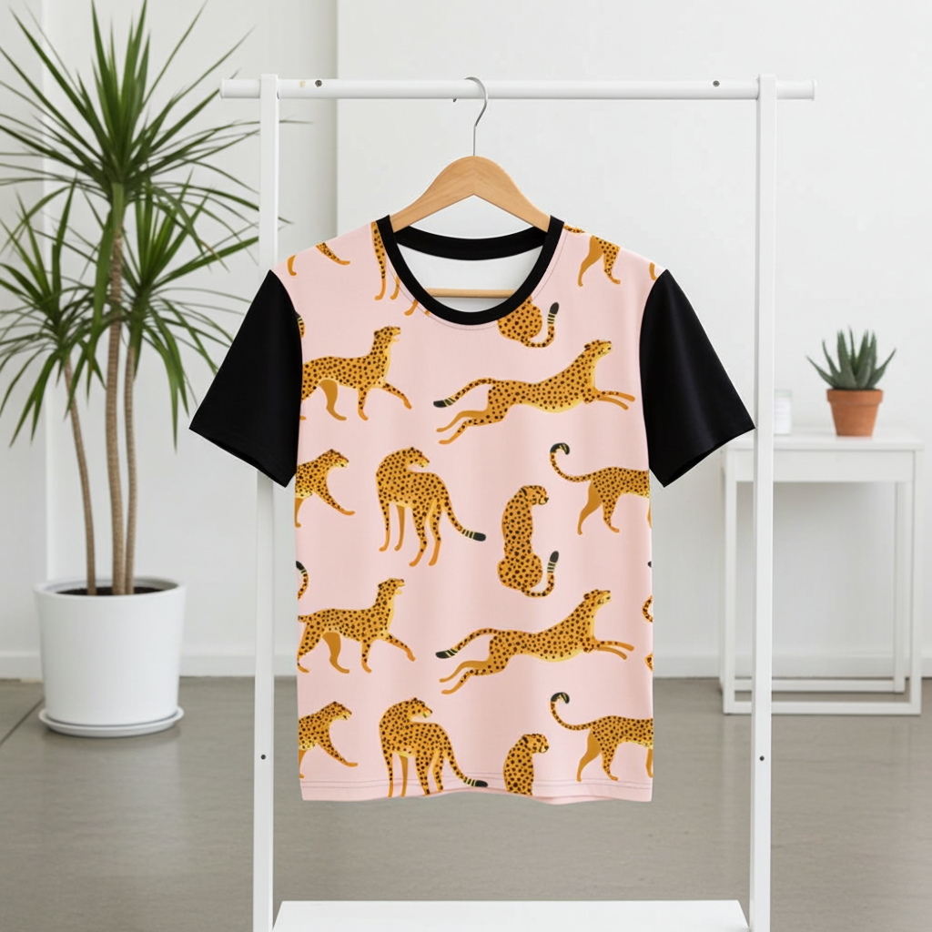T-shirt with cheetah pattern on a hanger against a white background