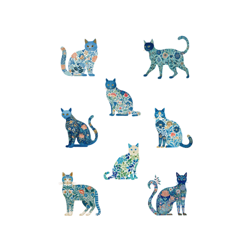 Set of blue floral-patterned cats on a white background