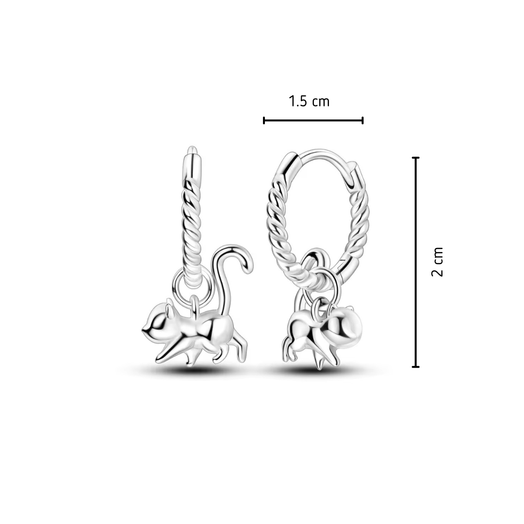 Silver hoop earrings with cat charms and measurements on a white background