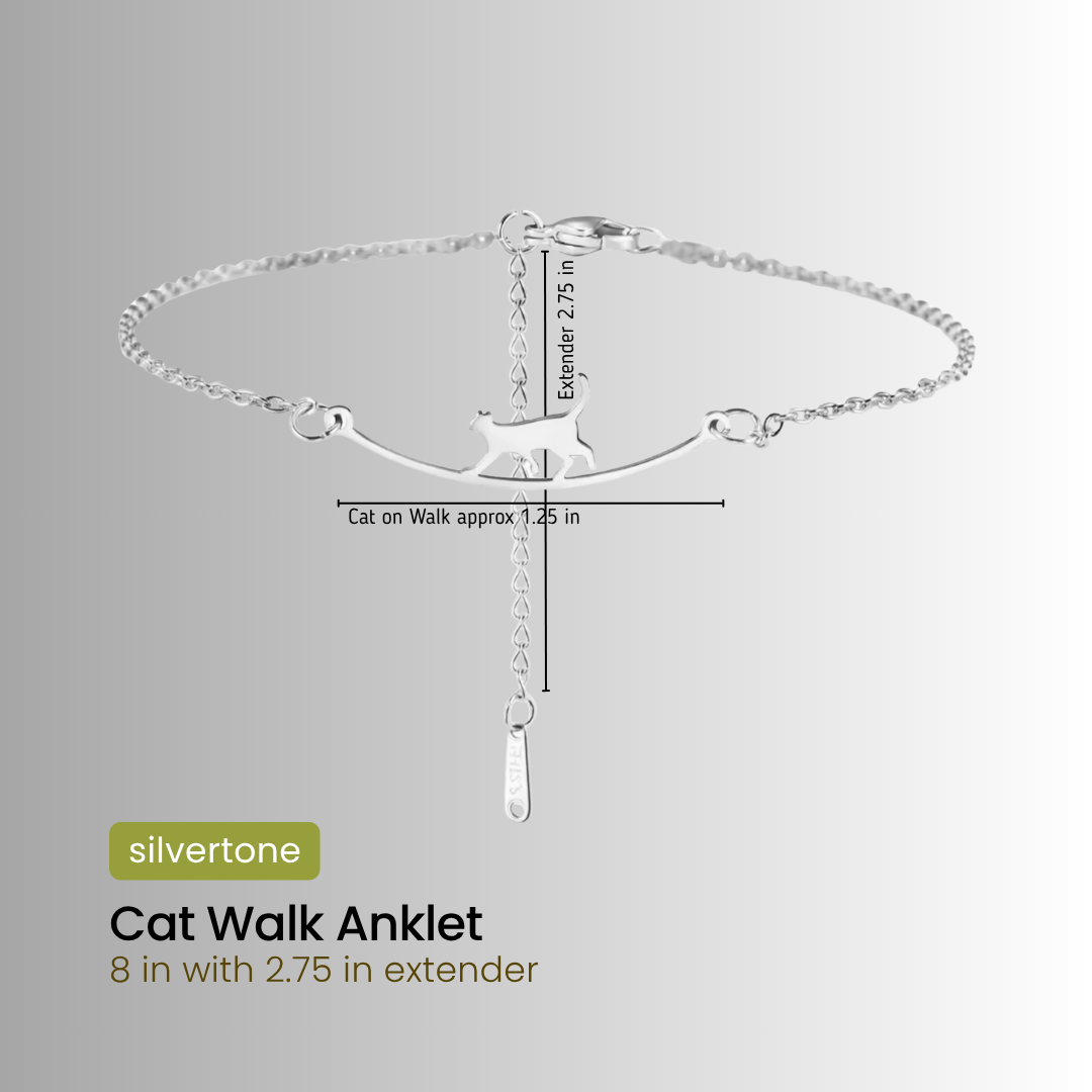 Silver cat walk anklet with extender on a gray background