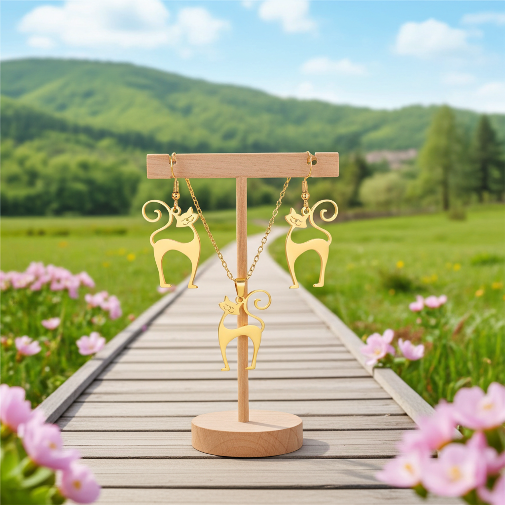 Gold cat-shaped earrings and necklace on a wooden stand with a scenic background of green hills and pink flowers.