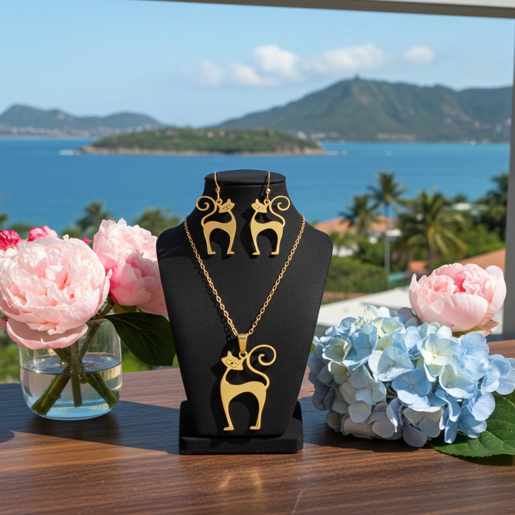 Gold cat-themed jewelry set on a black stand with flowers and a scenic background