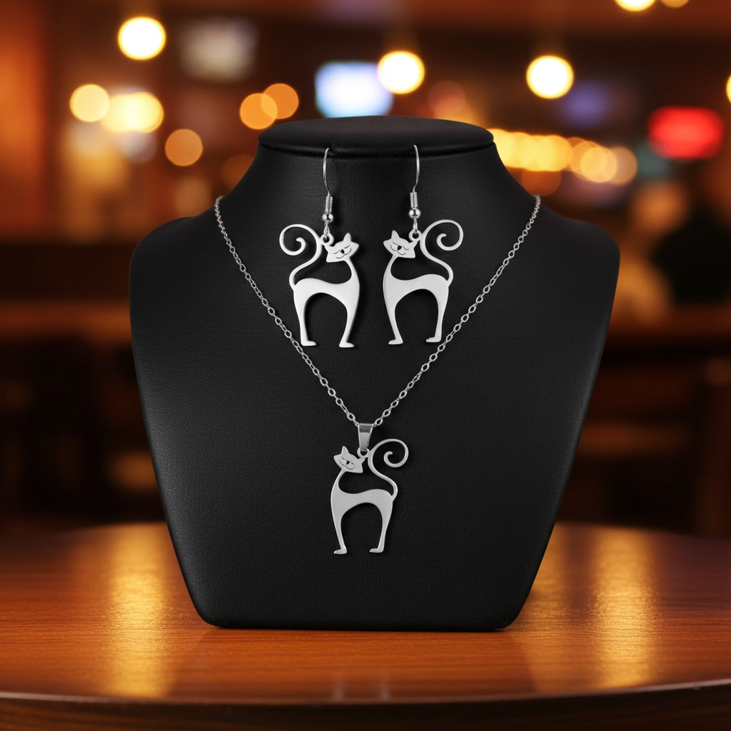 Cat-themed necklace and earrings set on a black mannequin bust with a blurred background.