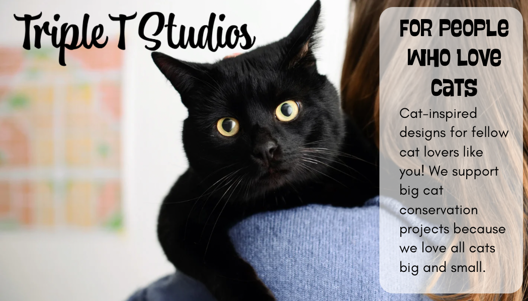 Black cat being held by a person with promotional text for Triple T Studios and information about cat conservation projects.