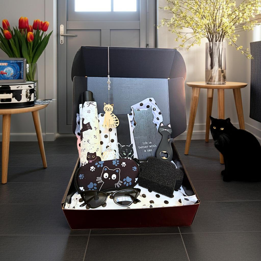 Box of cat-themed products in a living room with a black cat sitting nearby.