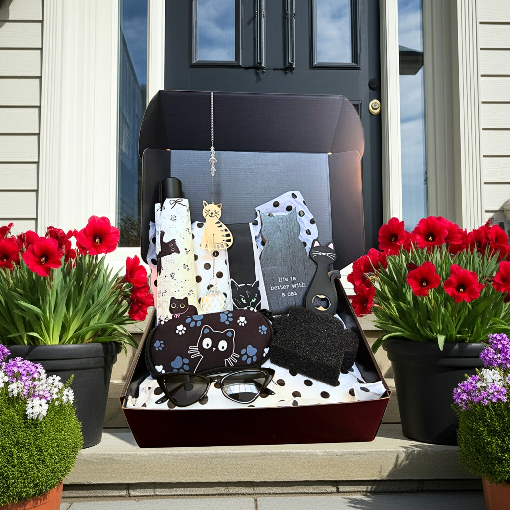 Gift box with cat-themed items on a porch with potted flowers.