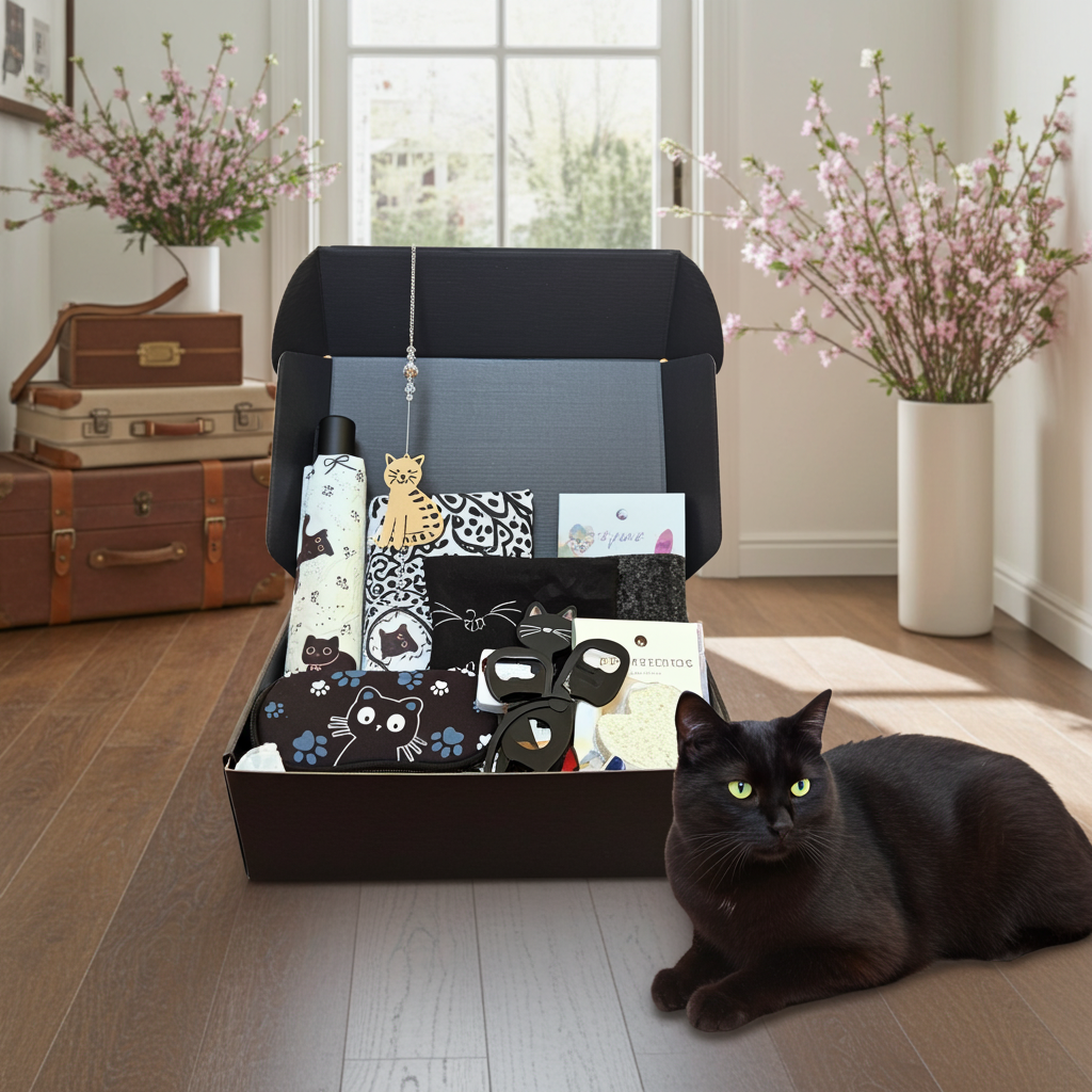 Cat sitting next to a box filled with black cat-themed products in a room with flowers and suitcases.
