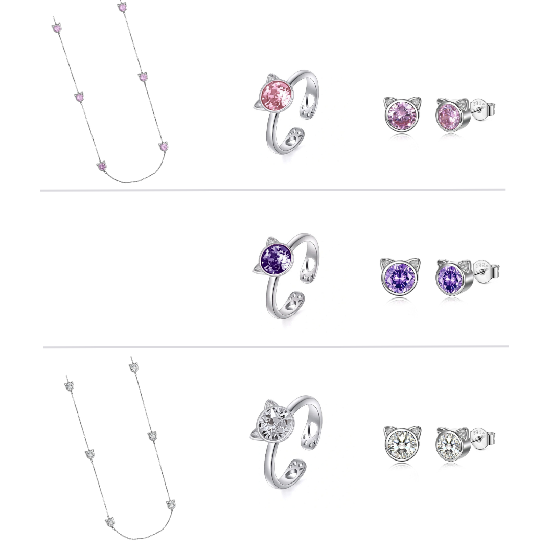 Crystal Cat Necklace &amp; Earrings &amp; Ring  | Sterling Silver GIFT SET