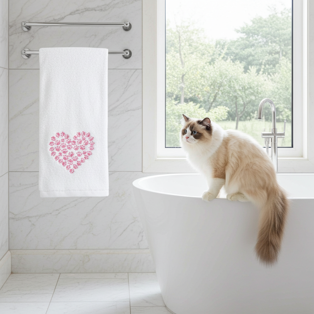 Cat sitting on a bathtub next to a towel with a heart design made of cats in a bathroom.