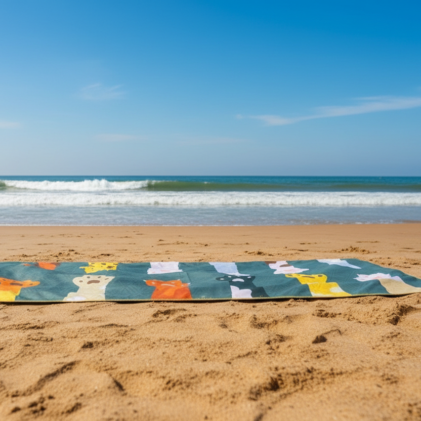 Colorful beach towel with Cat Paw print lying on the sand near the ocean