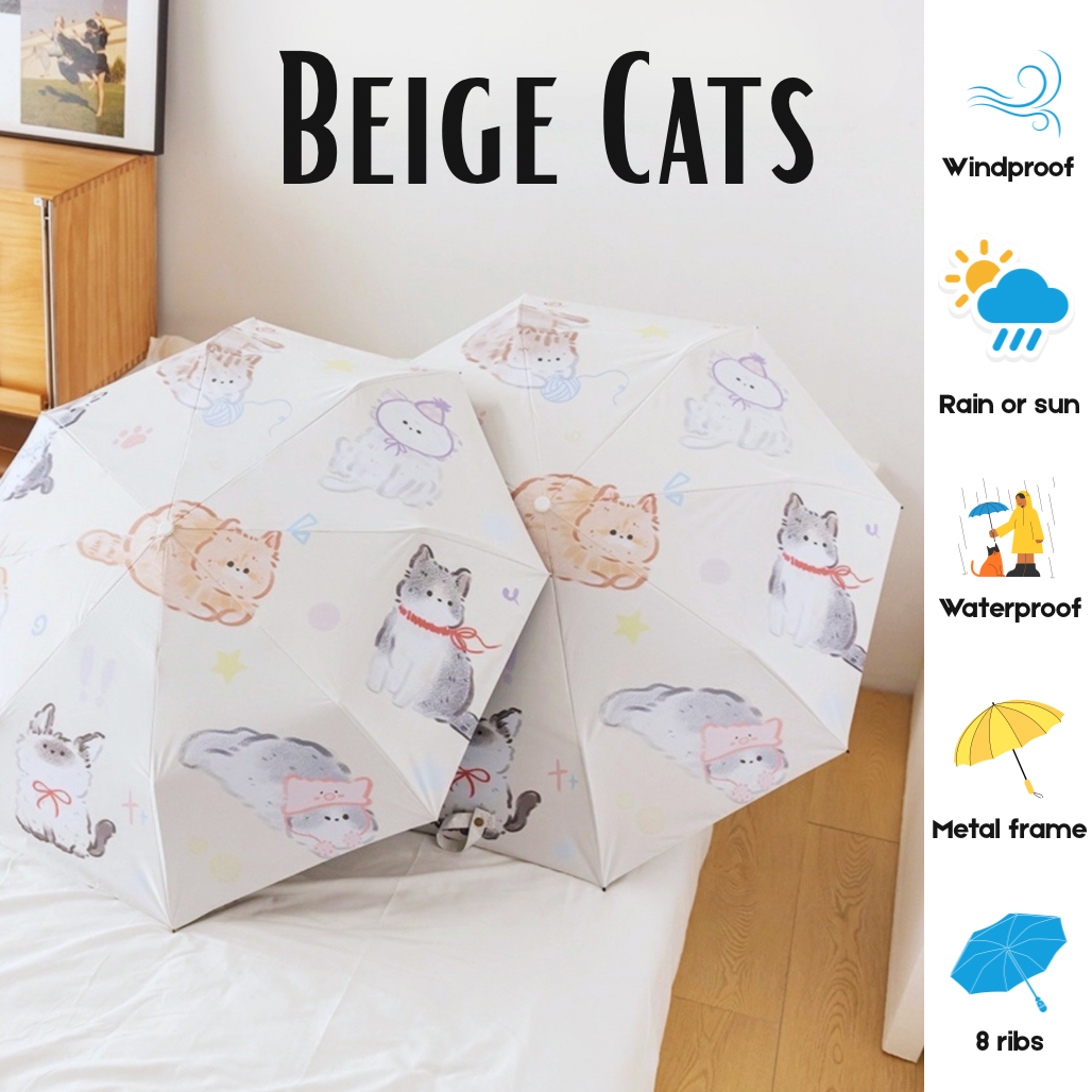 Umbrella with cat illustrations on a white surface, with text and icons indicating features.