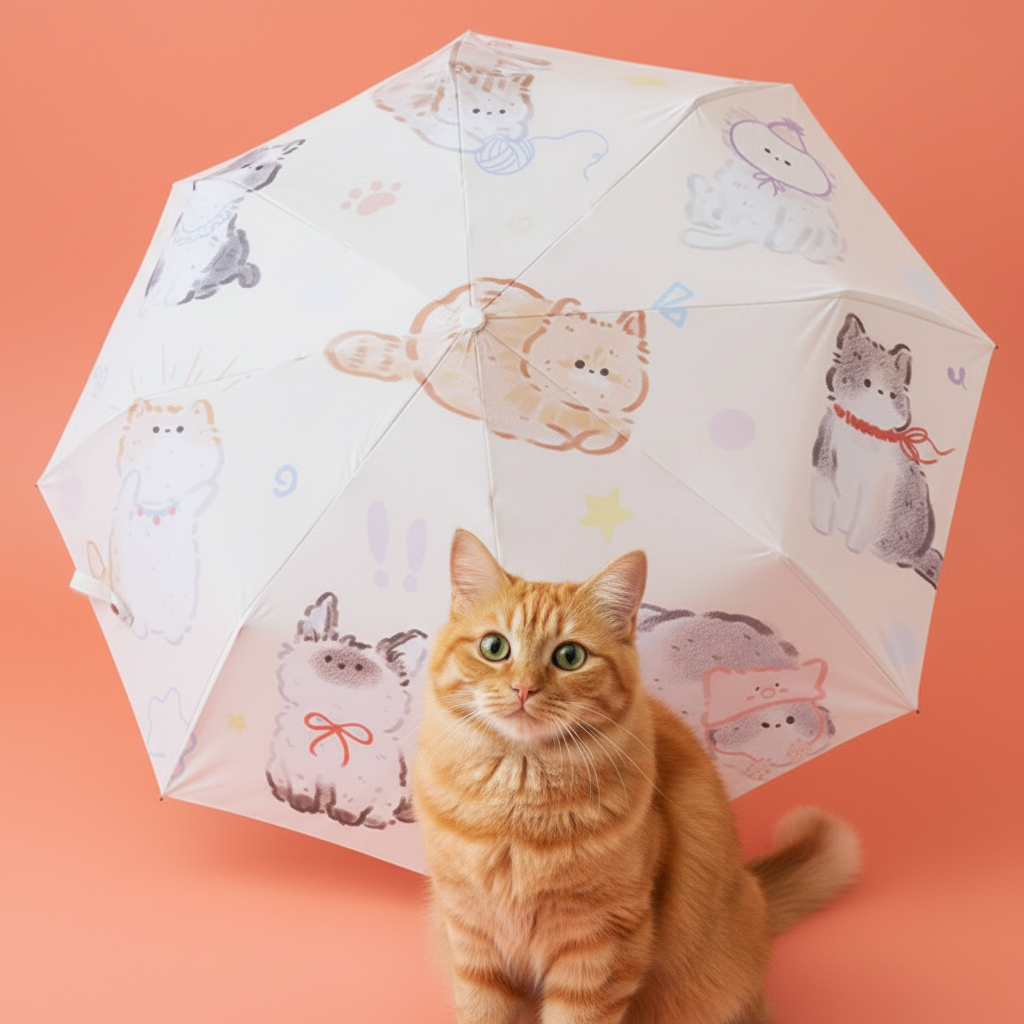 A white folding umbrella printed with cute cartoon cats, shown open with an orange tabby cat sitting underneath against a solid peach-pink background.