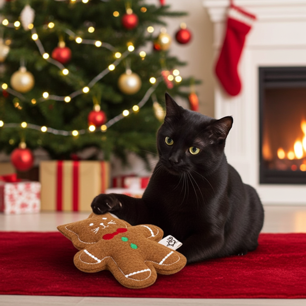 Black cat playing with a Gingerbread Cat Toy in front of a Christmas tree and fireplace.