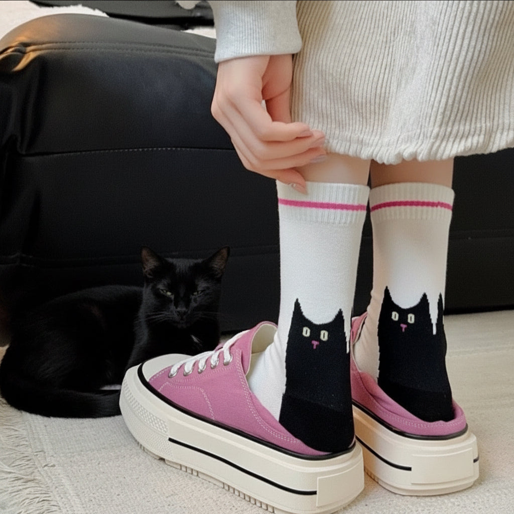 Person wearing socks with black cat designs and pink shoes on a neutral background