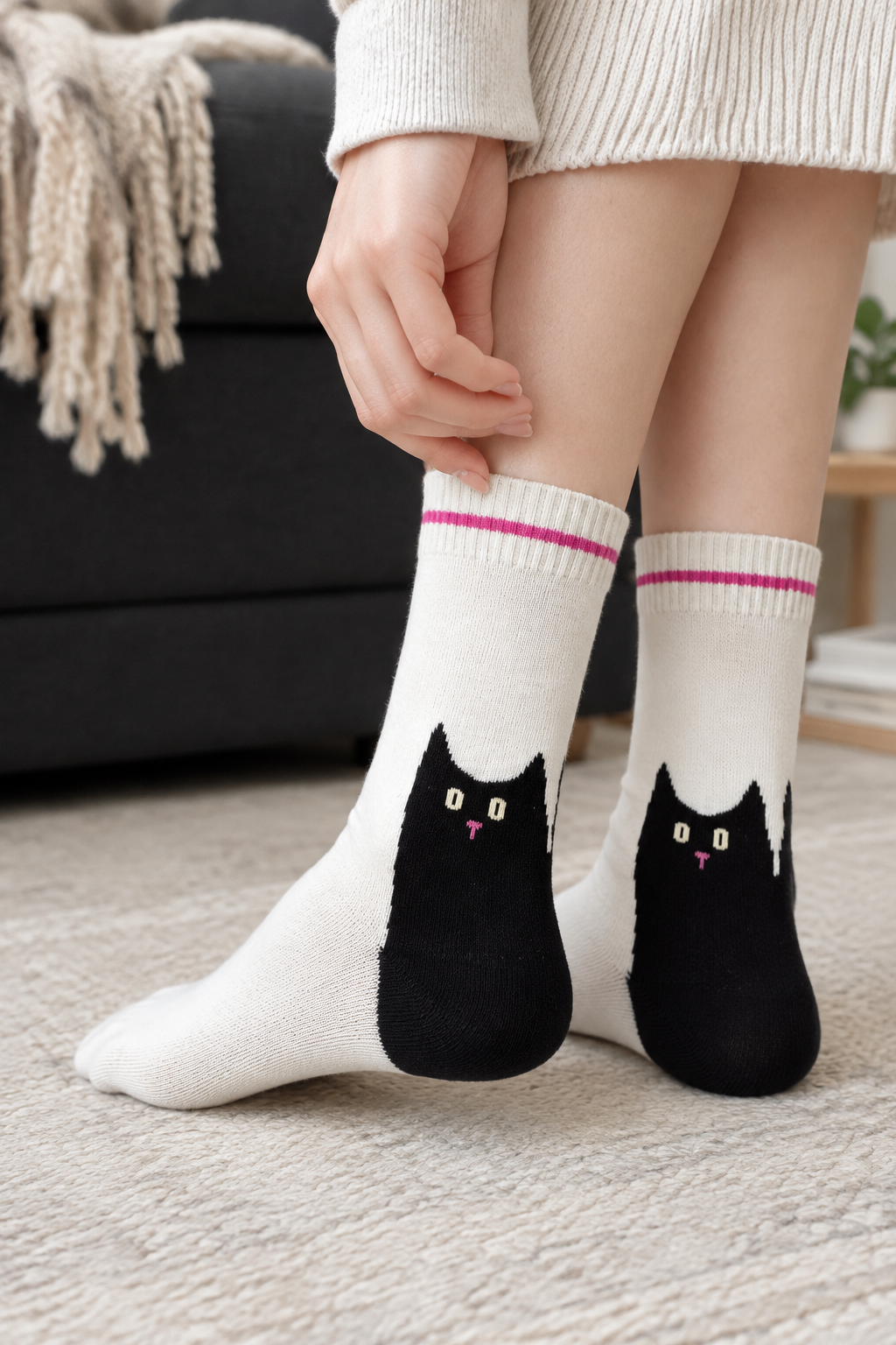 A person wearing off-white crew socks with a black cat face design and thin pink stripes near the cuff, shown in a cozy indoor setting with a sofa and rug in the background.