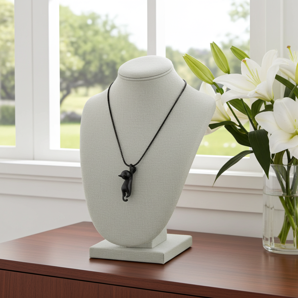 Black Cat pendant dangling from a black metal necklace on a white neck display in front of a window and flowers