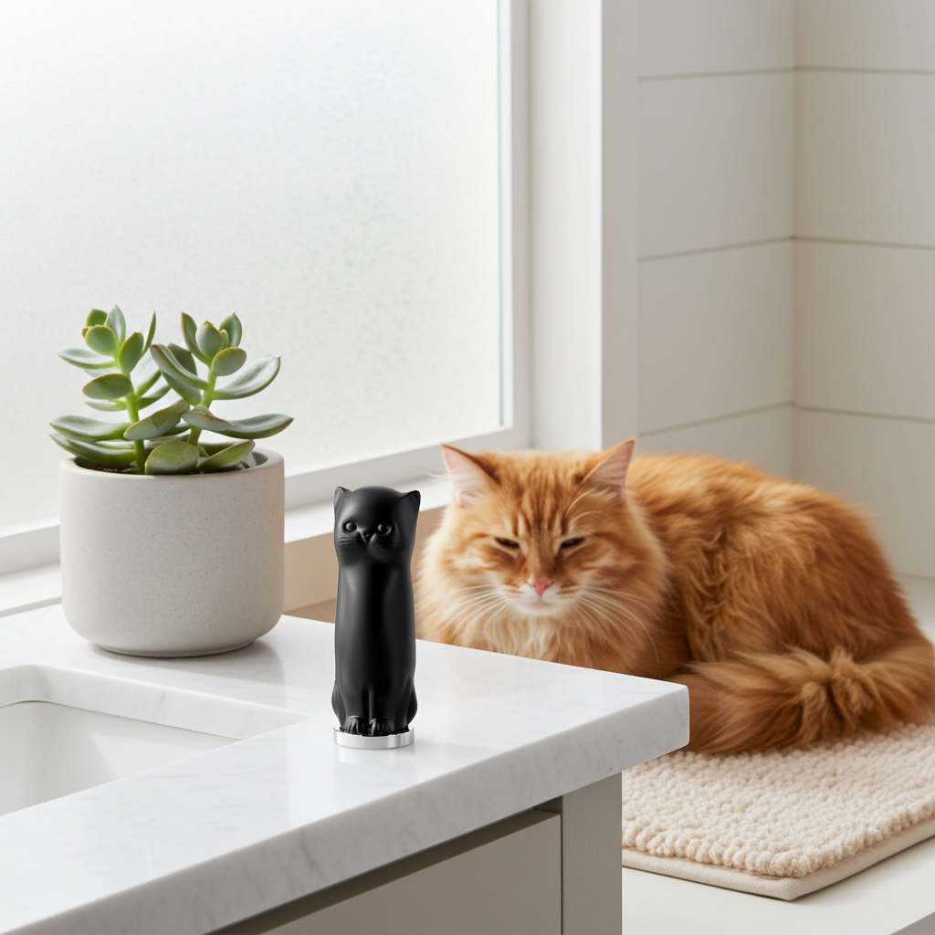 Black cat lip balm sits on a bathroom counter next to a plant. Orange cat sits on the ground nearby.
