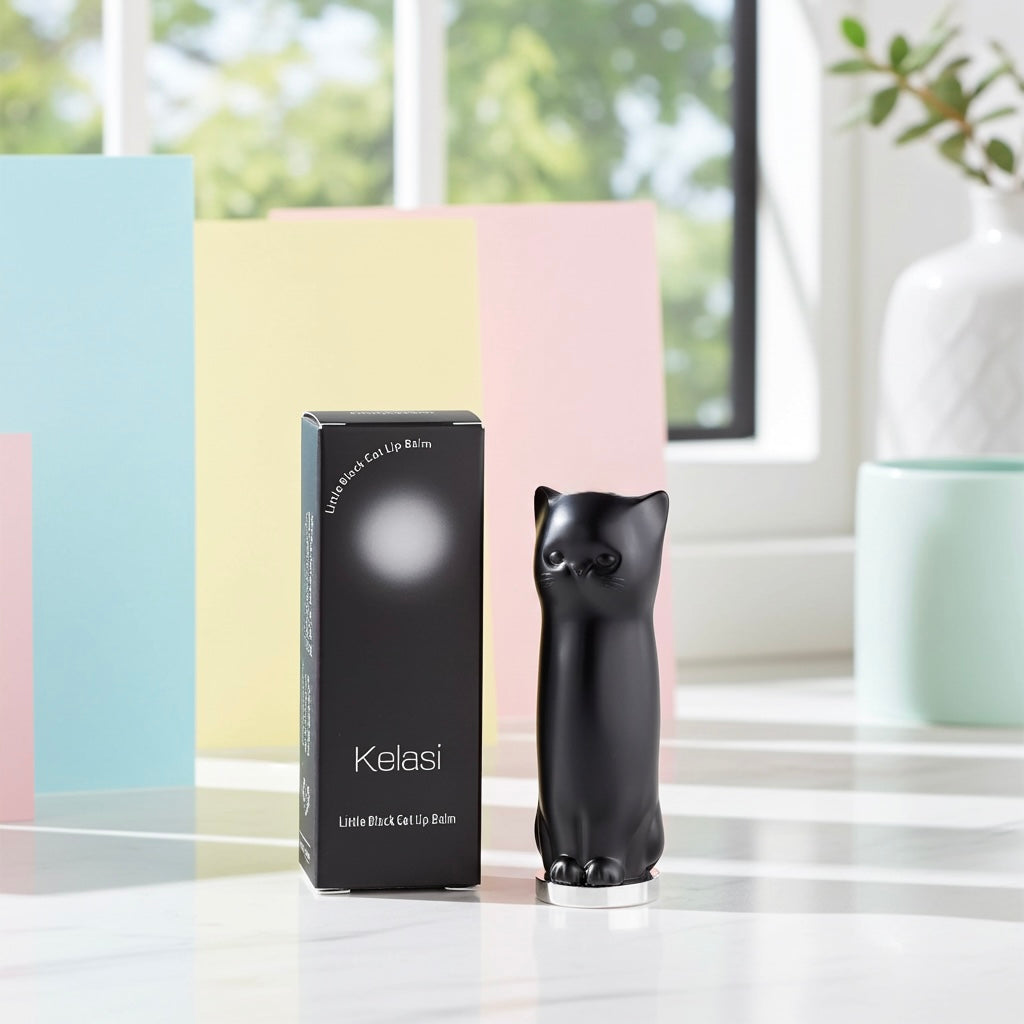 Black cat-shaped lip balm with packaging on a light surface with a window in the background
