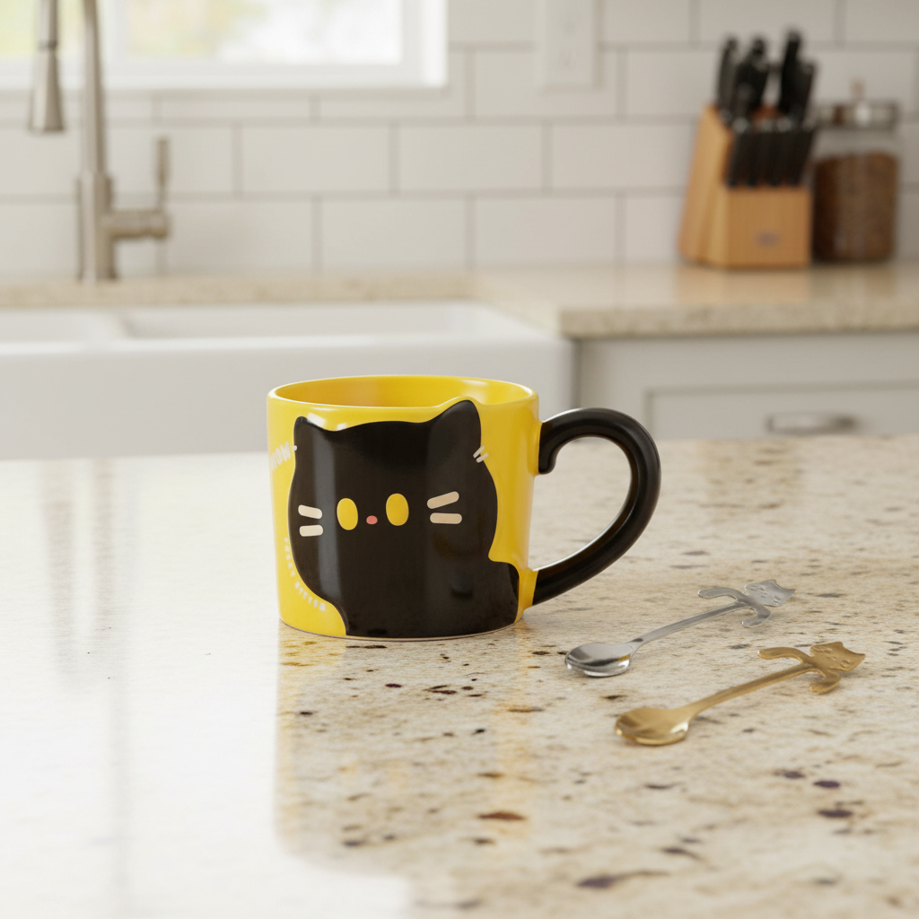 Yellow mug with a black cat design on a kitchen counter next to Coffee Companion tiny stainless steel coffee stirrer spoons in gold and silver finishes