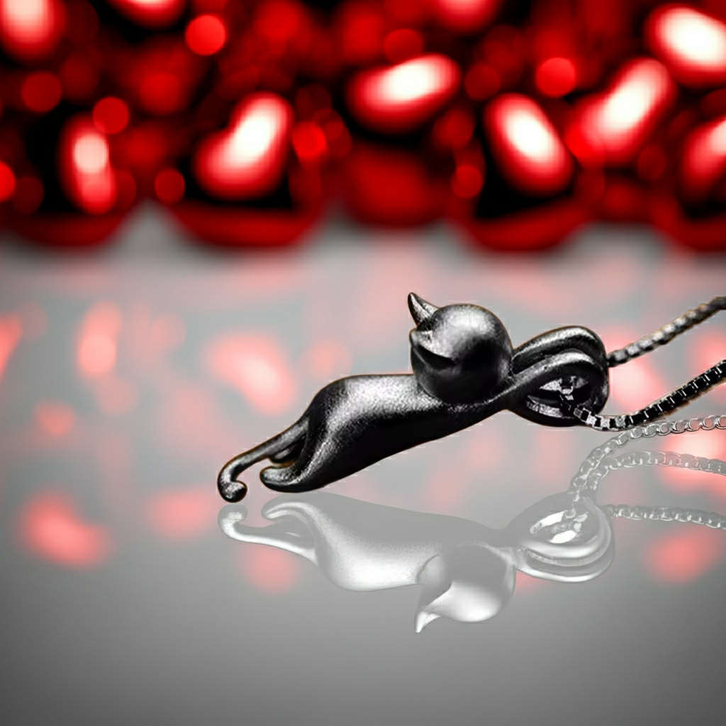 Black cat-shaped pendant on a chain with a blurred red and gray background