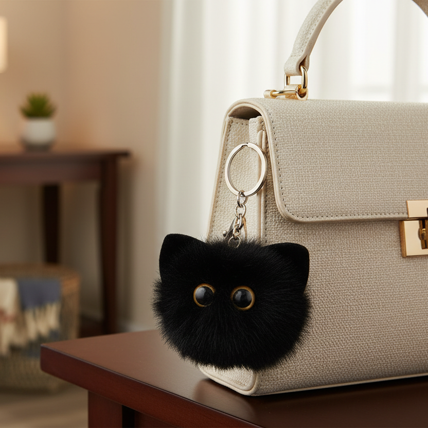 Black cat-shaped keychain attached to a beige handbag on a wooden surface.