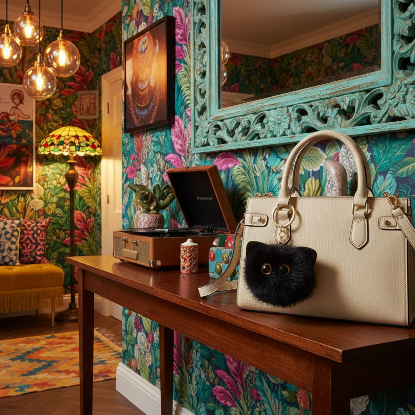 Beige handbag with a black cat charm on a wooden table against a colorful floral wall.
