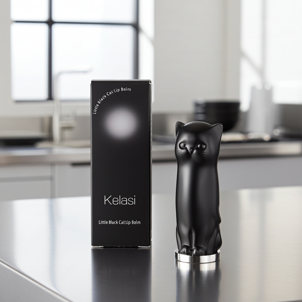 Black cat-shaped lip balm with packaging on a reflective surface