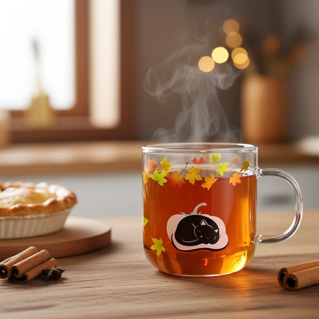 Glass mug with pumpkin spice tea on a wooden table next to some cinnamon sticks and a pie.