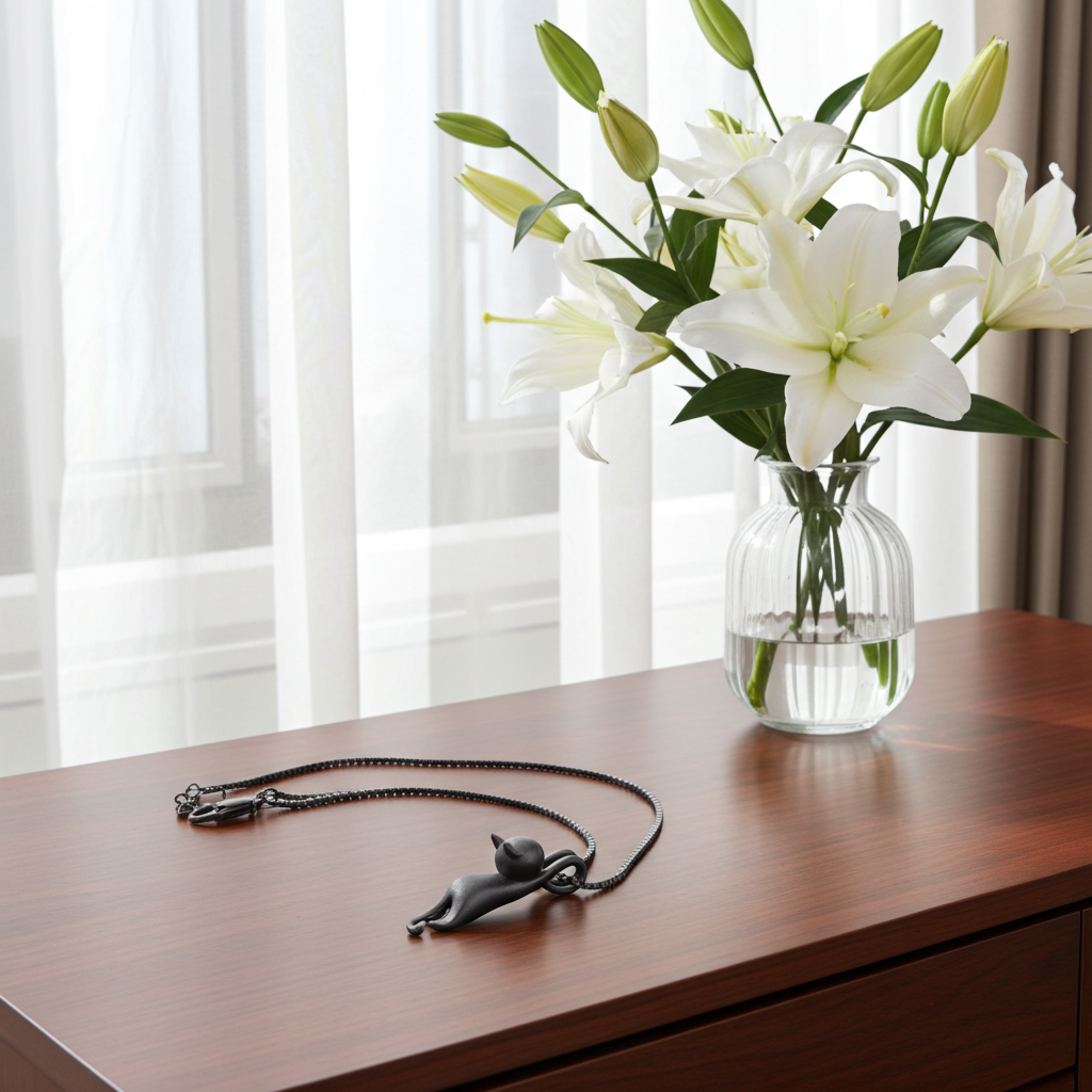 Black Cat pendant dangles from a black metal necklace. It lays on a wooden table in front of a window and vase of flowers