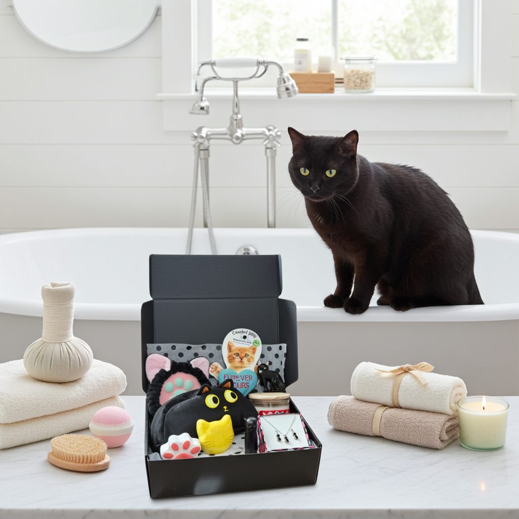 Black cat sitting on a bathtub next to a subscription box filled with Black Cat themed products from the Black Cats Club