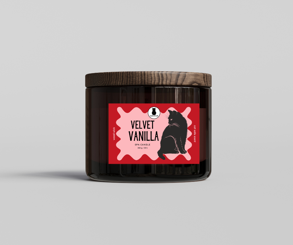 Candle with 'Velvet Vanilla' label on a gray background