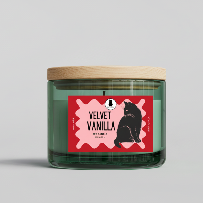 Black Cats Club candle with a 'Velvet Vanilla' label on a gray background