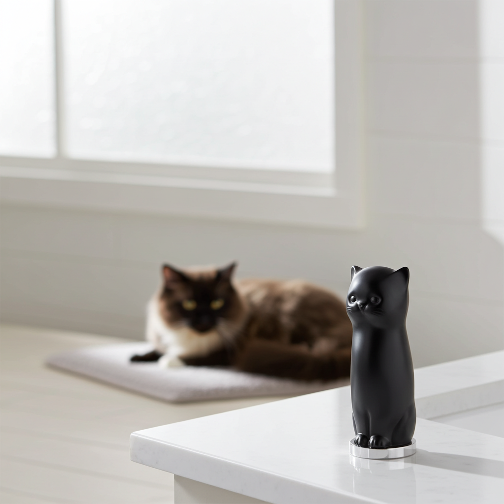 Black cat-shaped lib balm on a white surface with a cat in the background