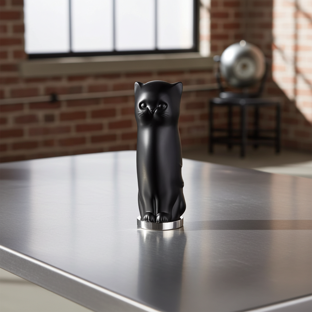 Black cat-shaped lip balm on a reflective surface with a brick wall background