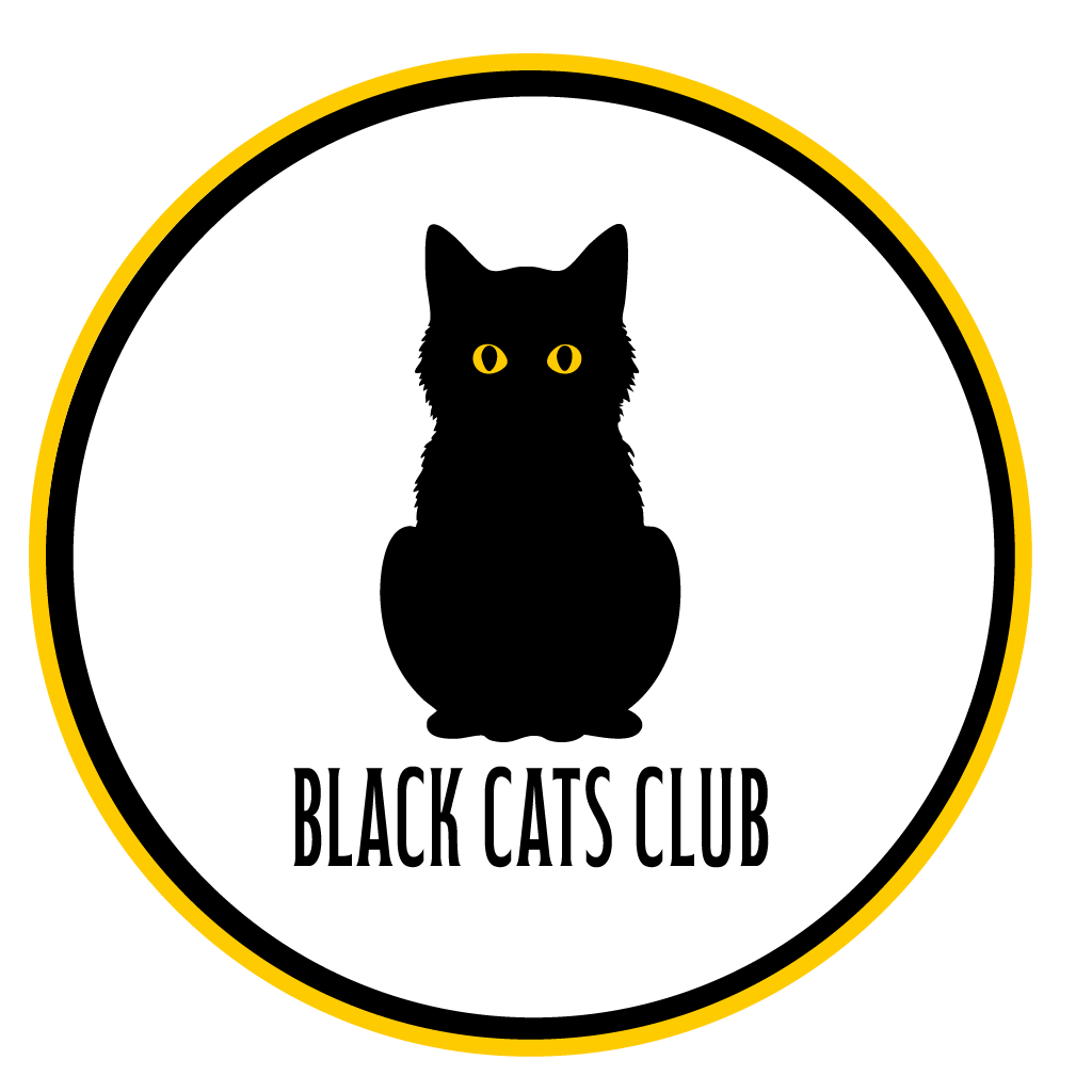 Logo for Black Cats Club with a black cat silhouette inside a yellow circle on a white background.