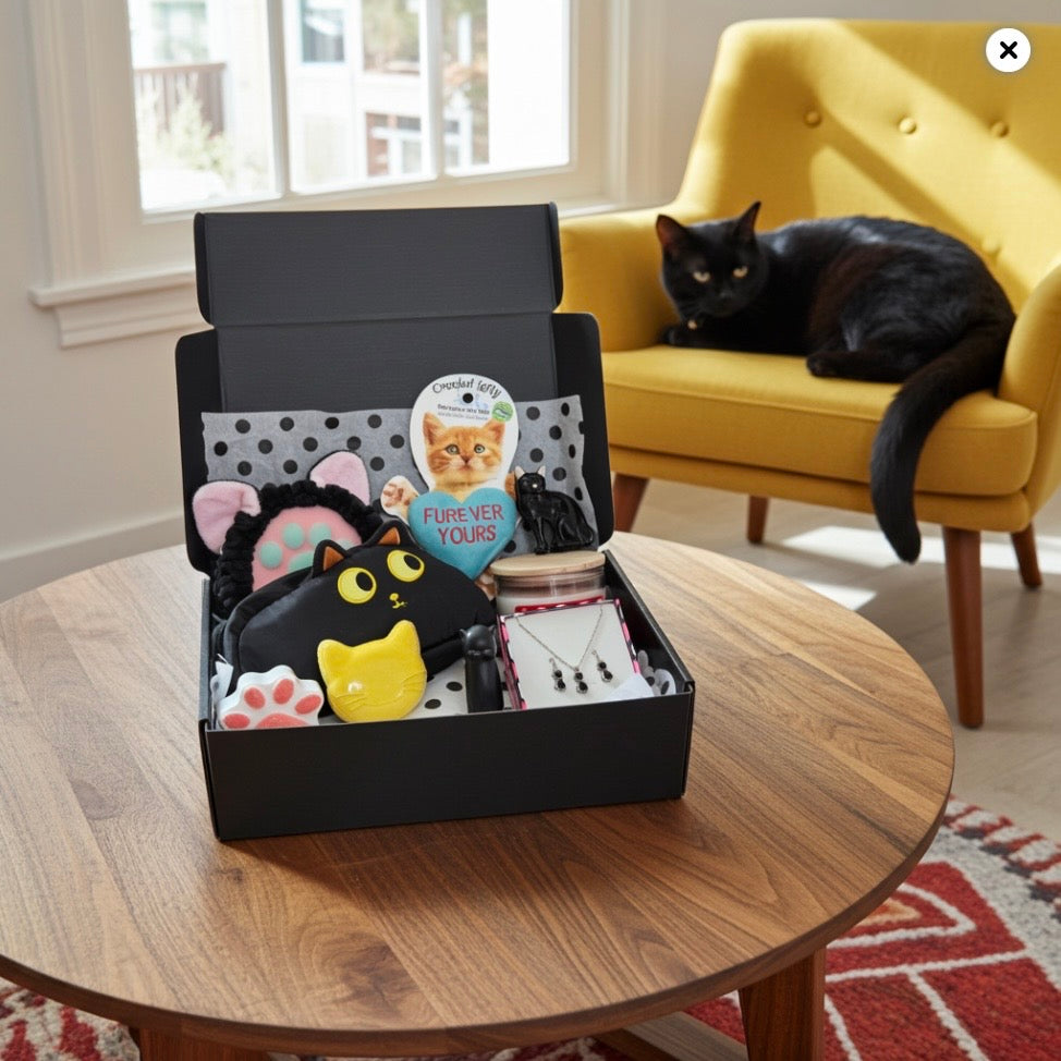Black Cats Club subscription box with black cat-themed items on a wooden table, with a black cat sitting on a yellow chair in the background.