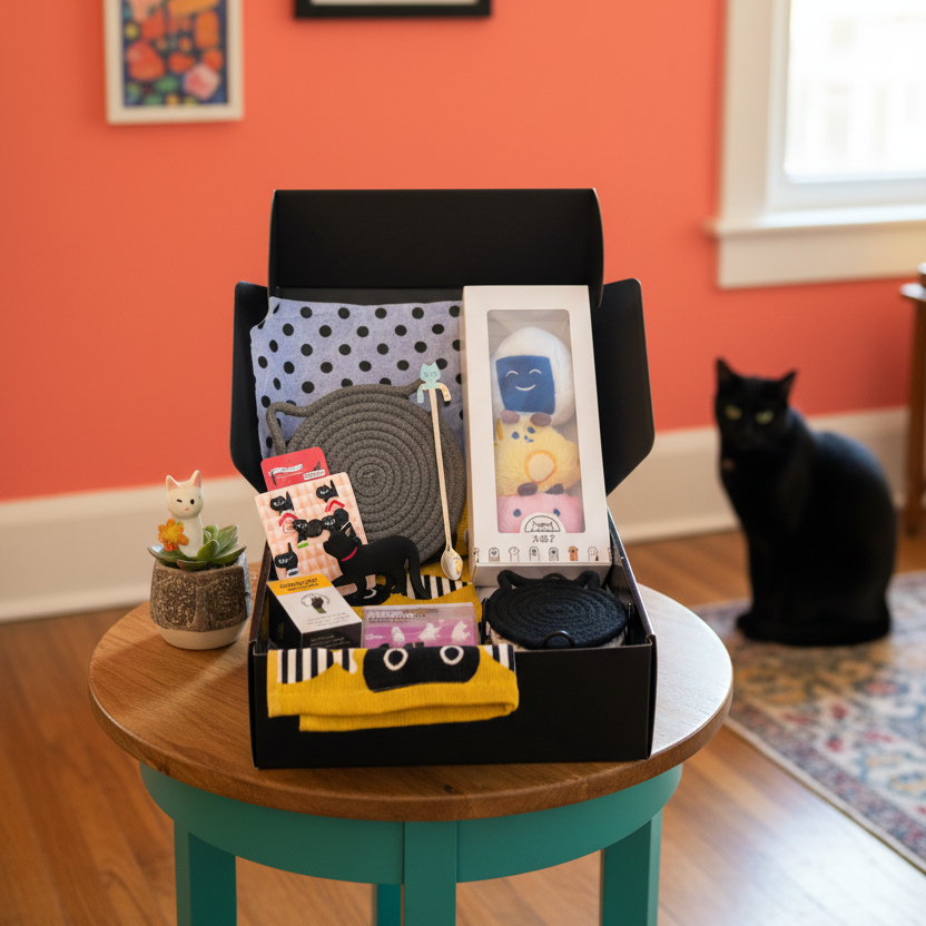 Black box with stationery items on a small round table in a room with a black cat and colorful wall art.