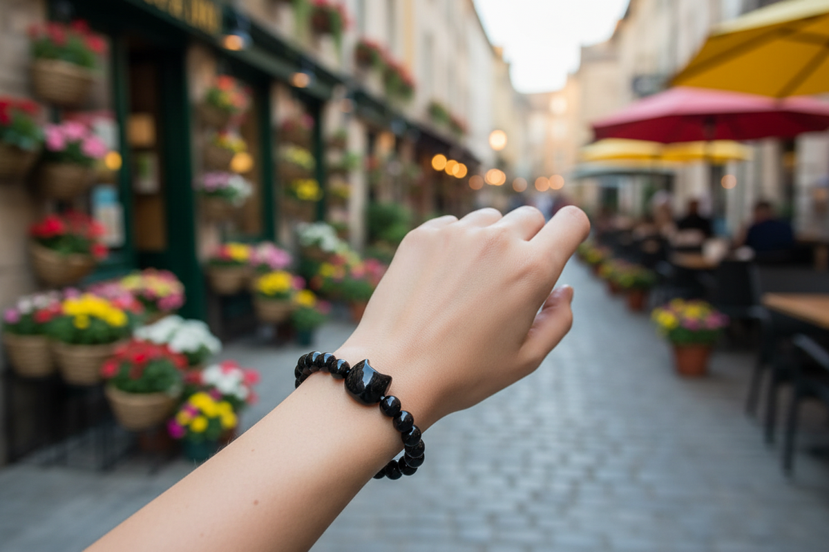Hand with a black beaded bracelet on a blurred street scene with flowers and outdoor seating.