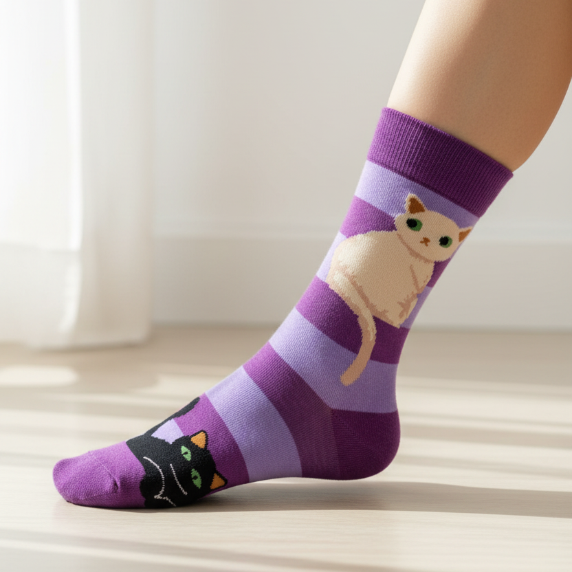 Purple striped socks with a cat design worn by a person on a light background