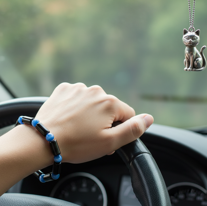 Woman wearing a Cat’s Eye Glass Bead bracelet holding a steering wheel with a cat-shaped pendant hanging from the rearview mirror.