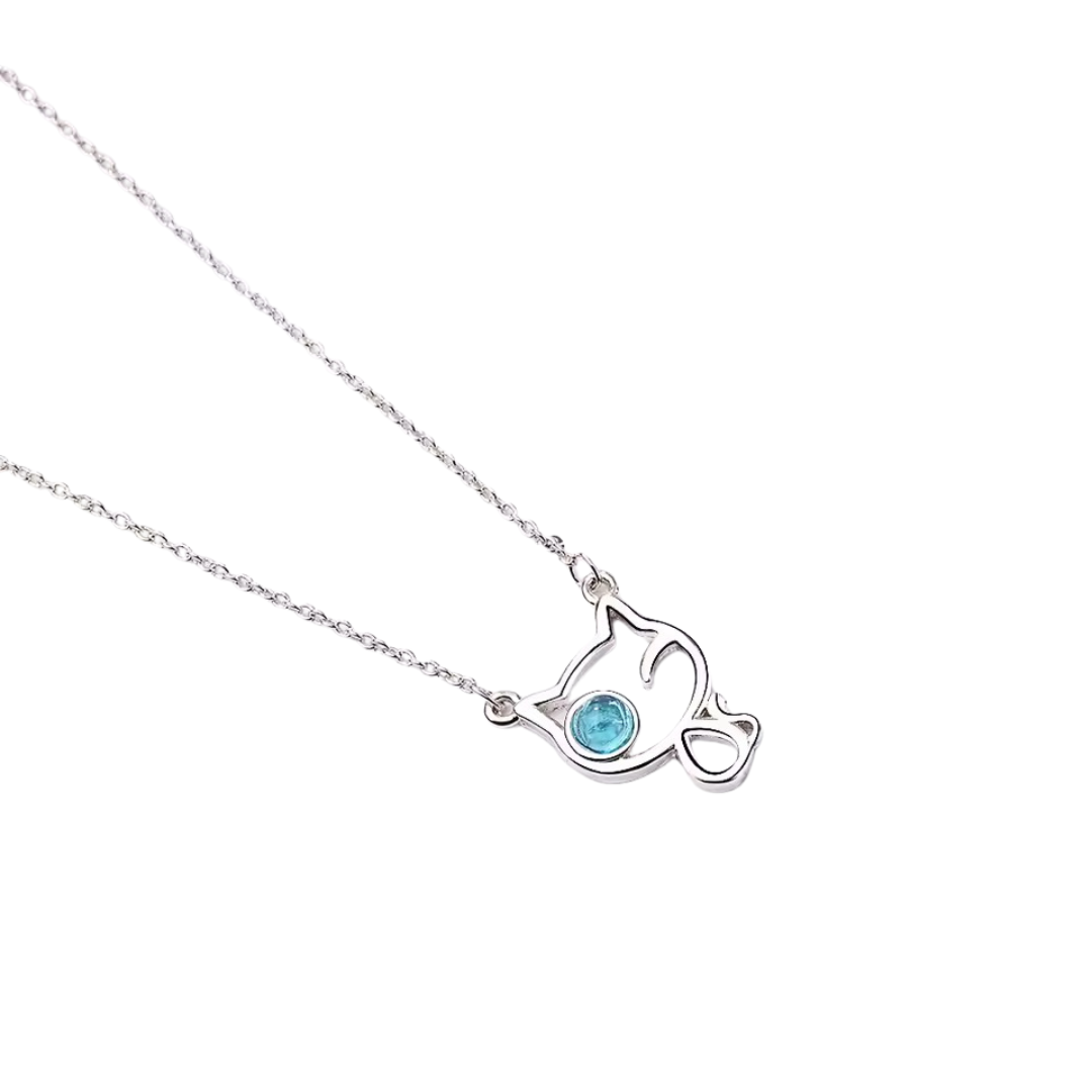 Silver necklace with a blue gemstone eyeball set into a sterling silver Cat Shaped pendant on a white background