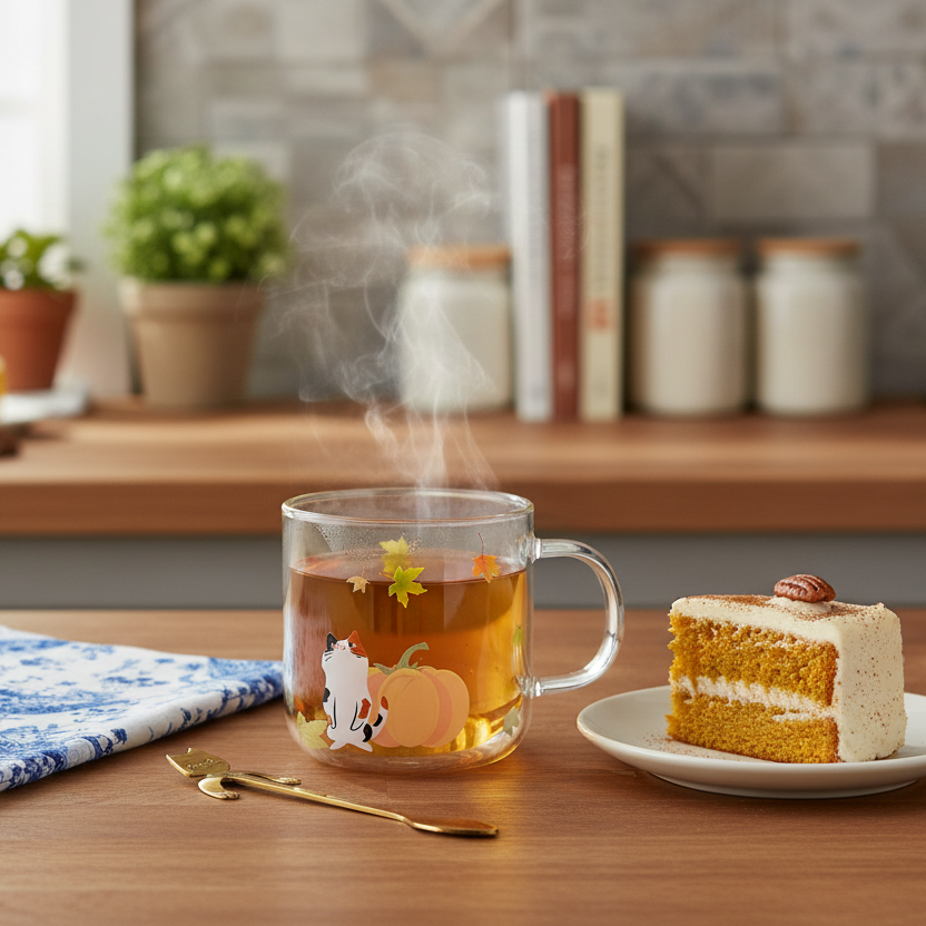 Steaming handpainted glass mug of tea with cats and pumpkins on a wooden counter next to a cat pattern kitchen towel and cat spoon