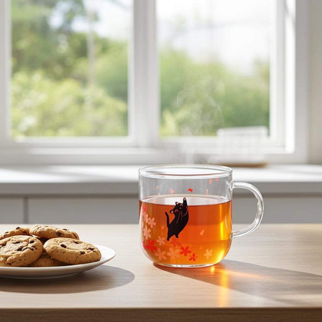 Borosilicate clear mug of tea with a leaping black cat and autumn floral design on a wooden table, plate of cookies in the background.