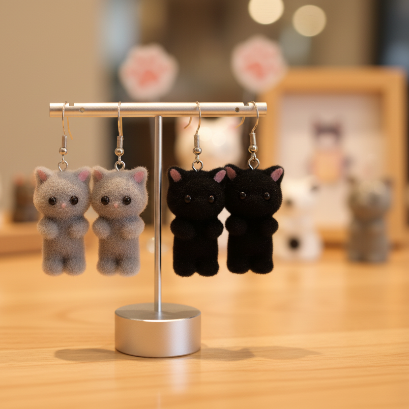 Calico Fuzzy Cat | Cat Earrings