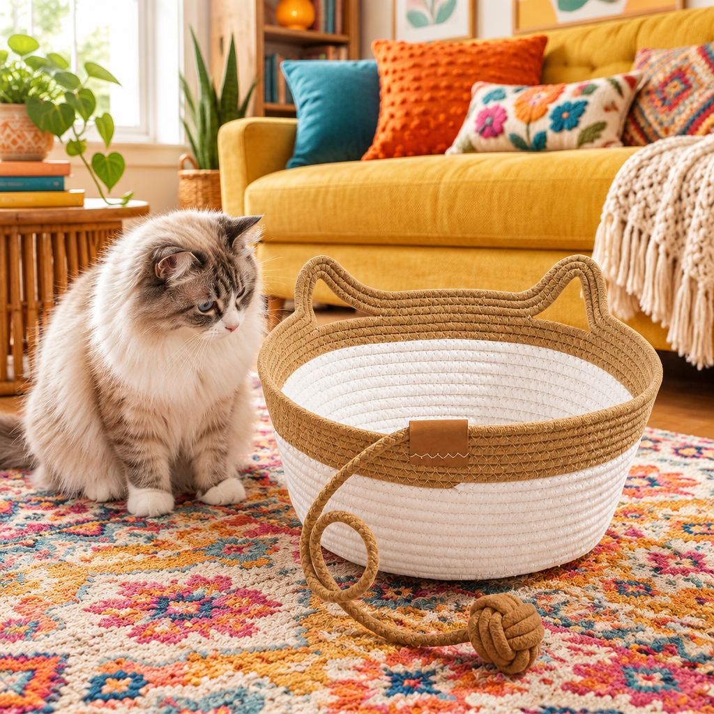 A fluffy gray and white cat sits beside a woven rope cat bed with a matching rope toy in a bright, cozy living room. The scene includes a yellow sofa, patterned pillows, a colorful rug, and houseplants.