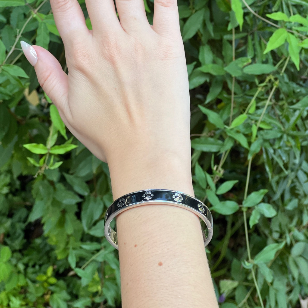 Silver Paws on Black Enamel | Cat Bangle Bracelet