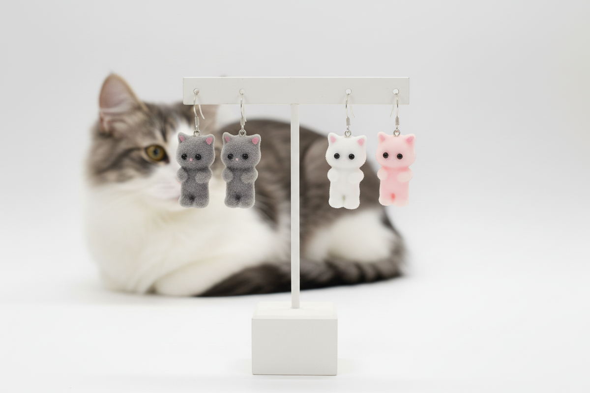 Cat-shaped earrings on a stand with a cat in the background