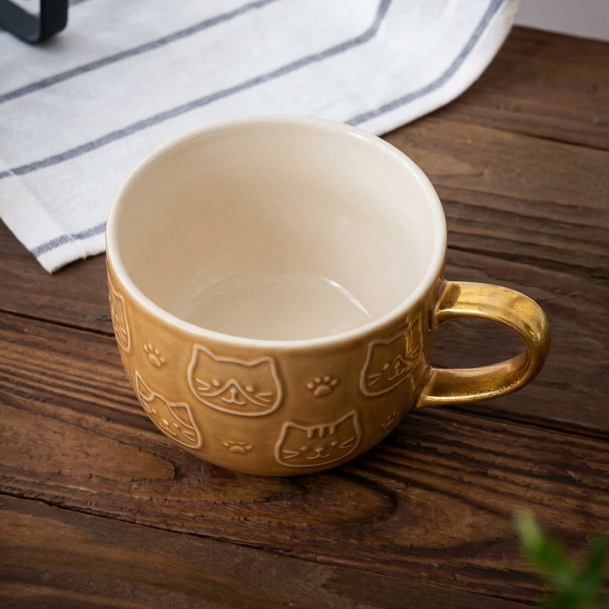 A ceramic coffee mug with a warm beige interior and a textured light brown exterior featuring embossed cat faces, paw prints, and stars, resting on a dark wooden tabletop.